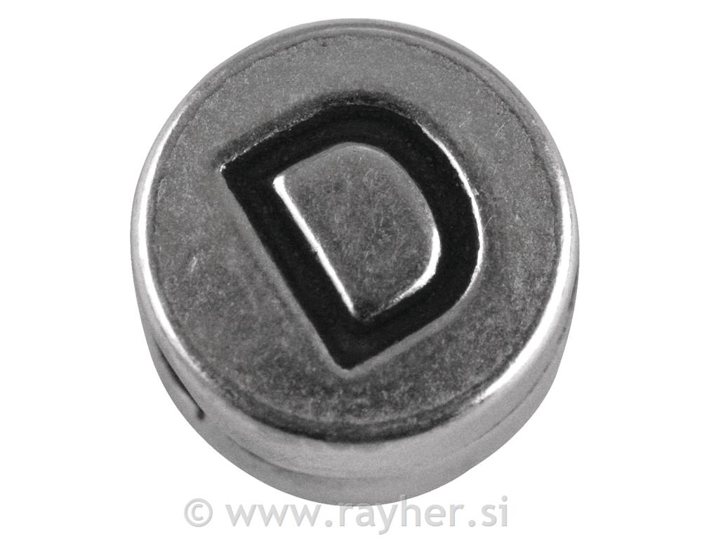 Perla kovinska črka "D", bn, srebrna, o 7 mm, hole 2 mm