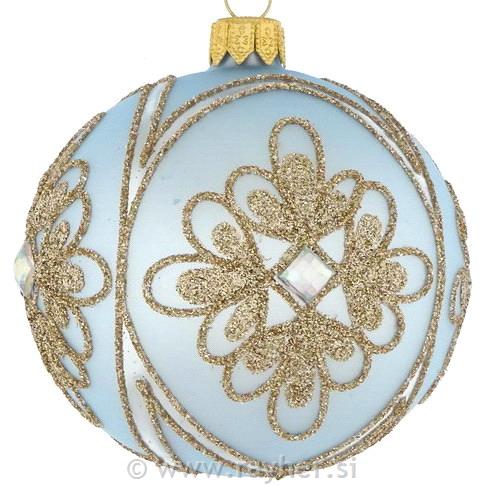 DAGMARA steklena krogla za božično drevo, sv.modra, zlato-srebrni vzorec, 8cm