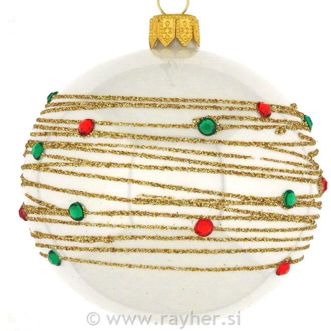 DAGMARA steklena krogla za božično drevo, bela, zeleni, rdeči kristali, 8cm