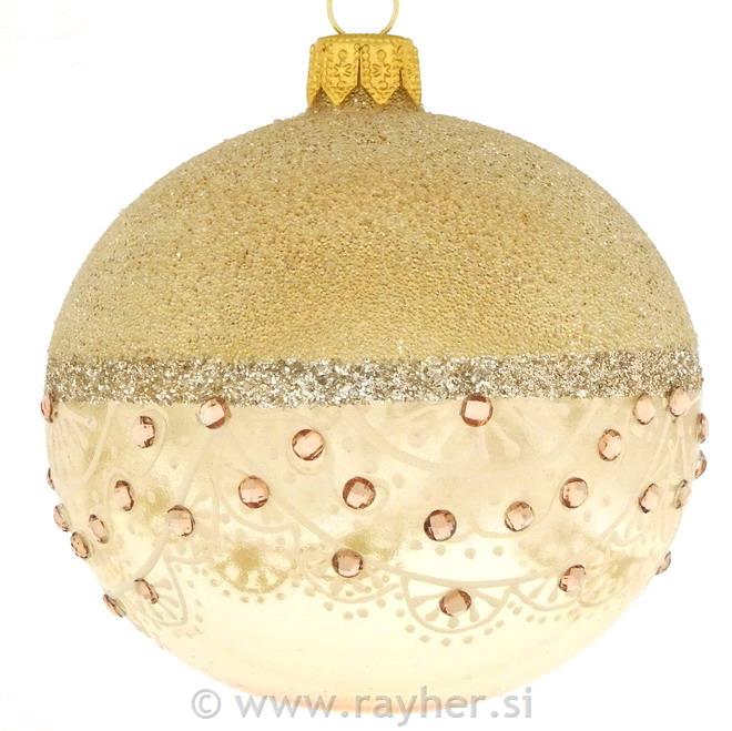 DAGMARA steklena krogla za božično drevo, zlata, z bleščicami in kristali, 8cm