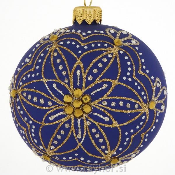 DAGMARA steklena krogla za božično drevo, modra, ornament, kristali, 8cm